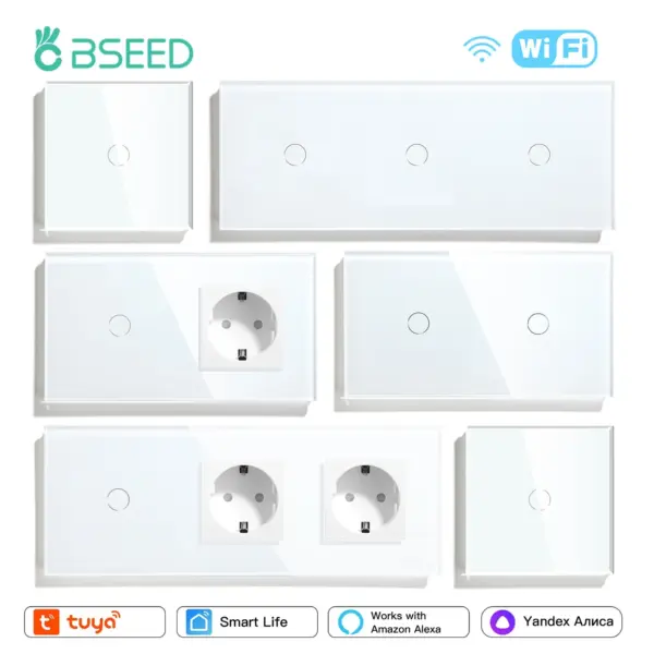 BSEED Wifi 1/2/3Gang Smart Touch Switches 1/2/3Way Wall Light Switches Tuya Smart Life App Control Plus Sockets EU Standard