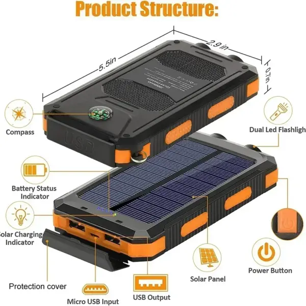 Solar Power Bank Waterproof Large Capacity Powerbank Fast Charging External Battery with SOS for IPhone Samsung Xiaomi