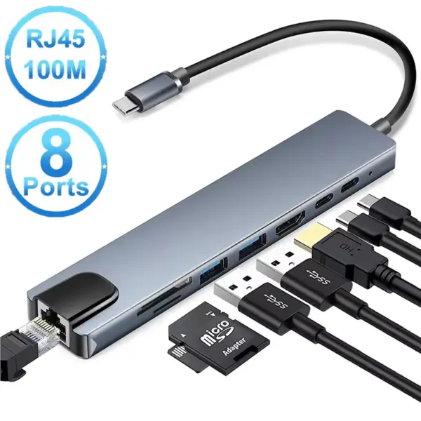 Usb 8 In 1 Type C 3.1 To 4K HDMI-compatible Hub Adapter With RJ45 SD/TF Card Reader PD Fast Charge For Macbook Laptop Computer