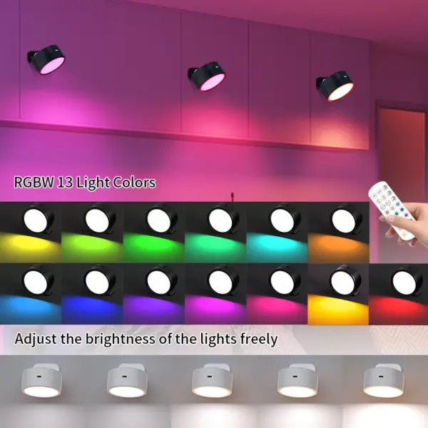 Rechargeable Led Spotlight with Remote Control Wireless Wall Lamp for Bedroom Room Decor RGB 360° Rotation Magnetic Dimmable