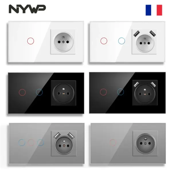 Touch Sensor Switch With Socket With Usb-c  Glass Panel 157*86mm 220V 16A Wall Socket With Light Switch 1/2/3Gang 1Way